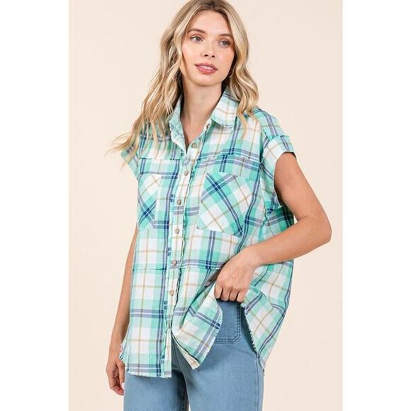 Mittoshop Mineral Washed Plaid Pattern Button Down Relaxed Fit Shirt | Turquoise - Picture 2 of 6